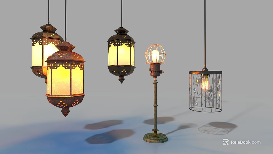 Unique shaped Pendant Lights with Vintage Metal Frames and Glass Shade Designs 3d model 