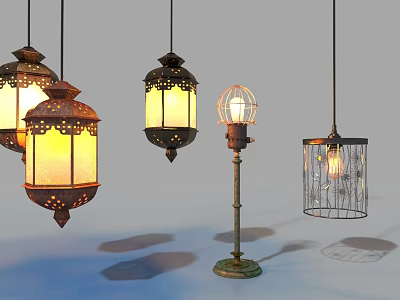 Unique shaped Pendant Lights with Vintage Metal Frames and Glass Shade Designs 3d model