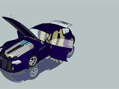 Blue Car with Open Hood and Doors Showing Engine and Interior Seats 3d model