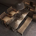 Rustic Wooden Dining Table Set with Chairs Bench Tableware Pendant Light and Wooden Shelf