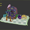 Blue Dinosaur Patterned Backpack With Accessories On Blue And White Checkered Cloth 3d model