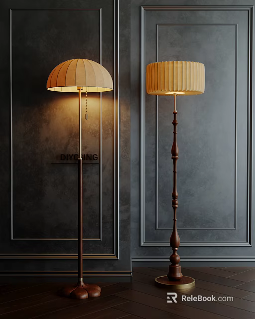 Two Classic Wooden Floor Lamps with Beige Shades Against Dark Textured Wall 3d model 