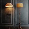 Two Classic Wooden Floor Lamps with Beige Shades Against Dark Textured Wall