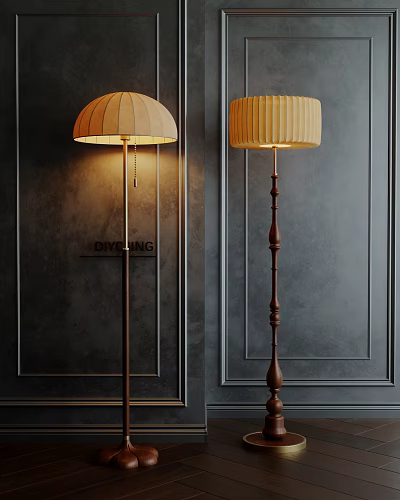 Two Classic Wooden Floor Lamps with Beige Shades Against Dark Textured Wall 3d model