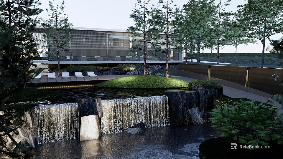 Modern Sales Office Building With Waterfall Pond Green Lawn and Lush Greenery 3d model 