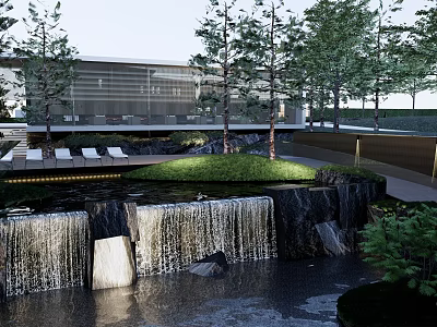 Modern Sales Office Building With Waterfall Pond Green Lawn and Lush Greenery 3d model