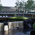 Modern Sales Office Building With Waterfall Pond Green Lawn and Lush Greenery