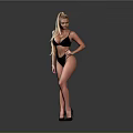 Woman Posing In Black Bikini With Long Blonde Hair And High Heels Against Grey Background
