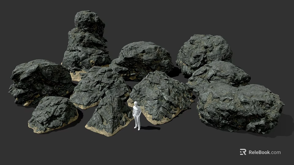 Black Wood Stone Materials Display with Scale Figure for Decorative Projects 3d model 