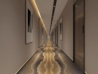 Modern Hotel Corridor With Patterned Carpet Decorative Paintings And Recessed Lighting 3d model