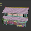 Traditional Japanese Two Story Wooden Building Model With Gray Tiled Roof And Purple Curtain