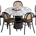 Round Marble Top Dining Table Set With Four Woven Back Brown Seats And Black Legs 3d model