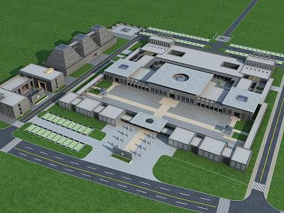 Aerial View Of Large Architectural Complex With Multiple Buildings Square Green Areas And Roads 3d model