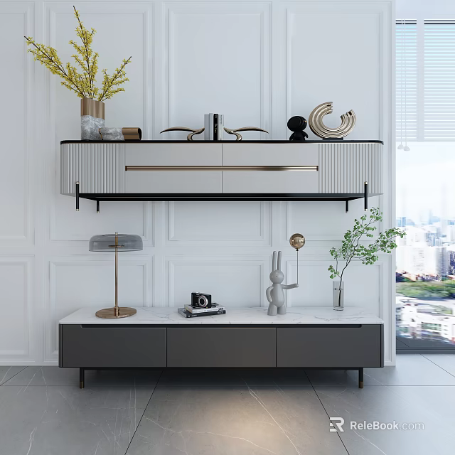 Modern TV Stands Wall Mounted Floor Standing with Decorative Items Potted Plants and Lamp 3d model 