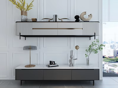 Modern TV Stands Wall Mounted Floor Standing with Decorative Items Potted Plants and Lamp 3d model