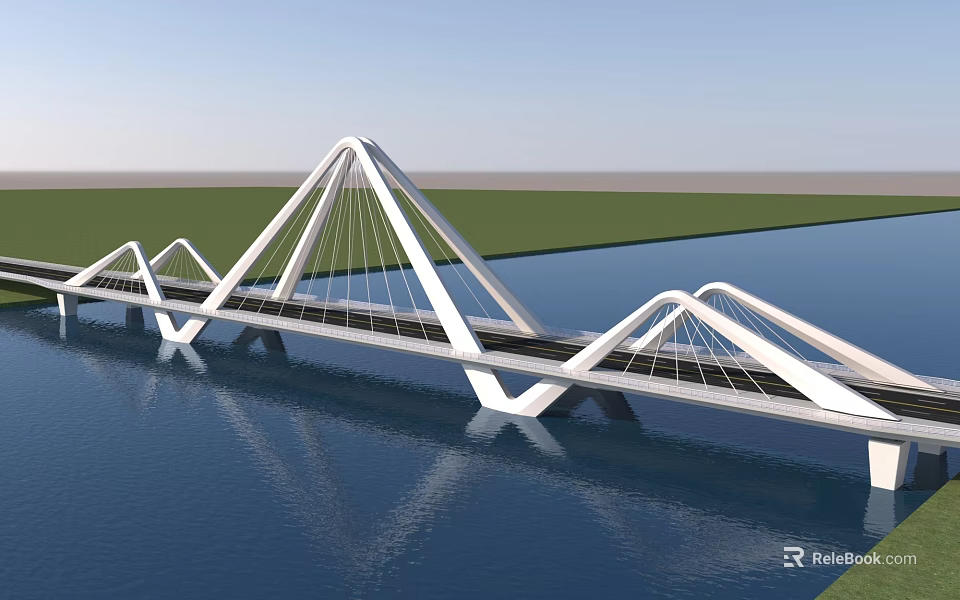 Modern White Cable Stayed Bridge With Triangular Structure Over Water And Green Grass 3d model