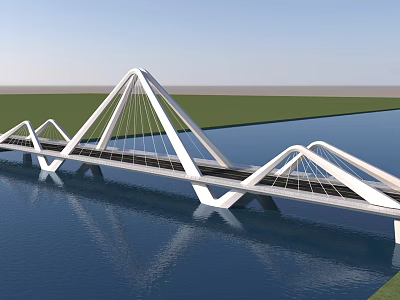 Modern White Cable Stayed Bridge With Triangular Structure Over Water And Green Grass 3d model