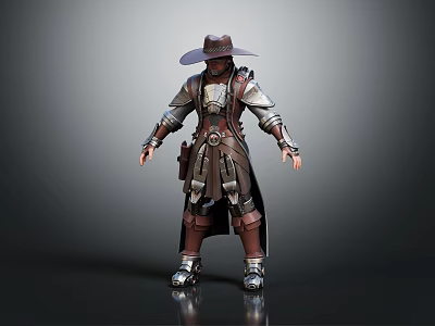 Adventurous Fantasy Character In Metal Armor Long Coat With Wide Brimmed Hat And Leather Attire 3d model