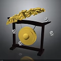 Traditional Musical Equipment With Wooden Stand Yellow Gong Golden Carved Decorations And Hanging White Objects