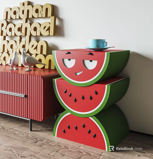 Watermelon Shaped Side Table in Red and Green with Blue Cup on Top 3d model