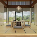 Traditional Teahouse Interior Design With Wooden Ceiling Screens Tatami Seating And Green Plants