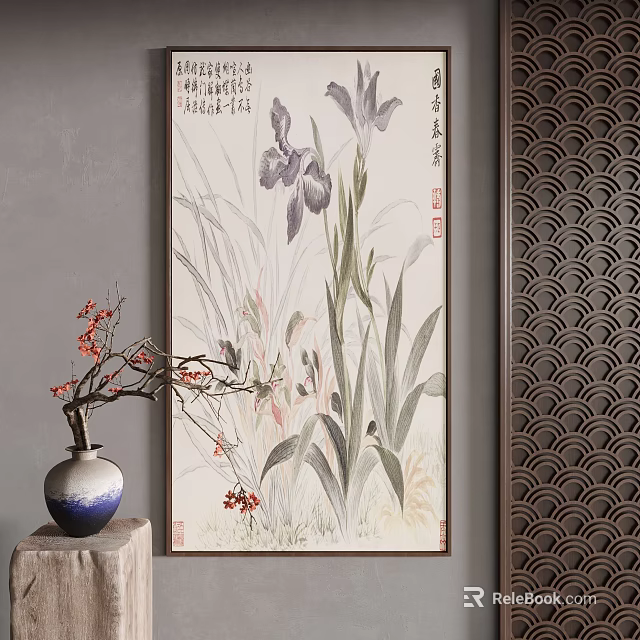 Chinese Style Landscape Painting With Flowers Grass And Calligraphic Inscriptions 3d model 