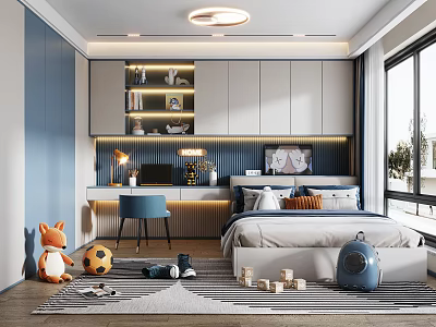 Cozy Modern Tatami Bedroom Interior With Desk Chair Bookshelf Window Toys And Warm Lighting 3d model