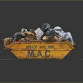 Yellow M A C Dumpster Filled With Trash Plastic Bags And Cardboard Boxes
