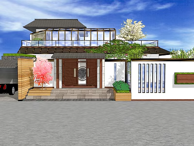 Modern Detached Villa Exterior With Stone Steps Large Windows Green Plants And Pink Flowering Tree 3d model