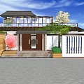 Modern Detached Villa Exterior With Stone Steps Large Windows Green Plants And Pink Flowering Tree