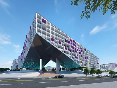 Modern Geometric Office Building Featuring Purple Panels Glass Facade Green Trees And Road With Cars 3d model
