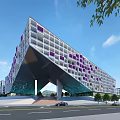 Modern Geometric Office Building Featuring Purple Panels Glass Facade Green Trees And Road With Cars