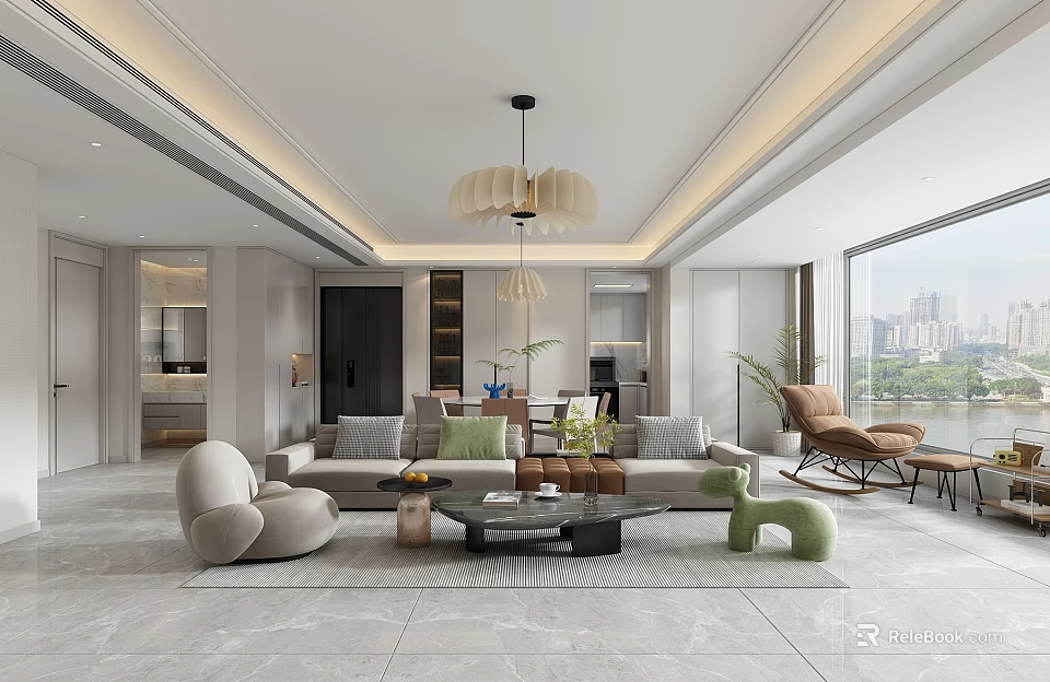 Modern Dining and Living Room With Sofa Coffee Table Chandelier And Floor To Ceiling Window 3d model 