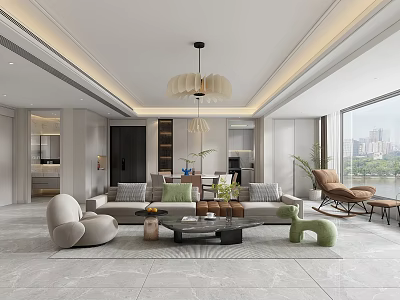 Modern Dining and Living Room With Sofa Coffee Table Chandelier And Floor To Ceiling Window 3d model