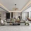 Modern Dining and Living Room With Sofa Coffee Table Chandelier And Floor To Ceiling Window