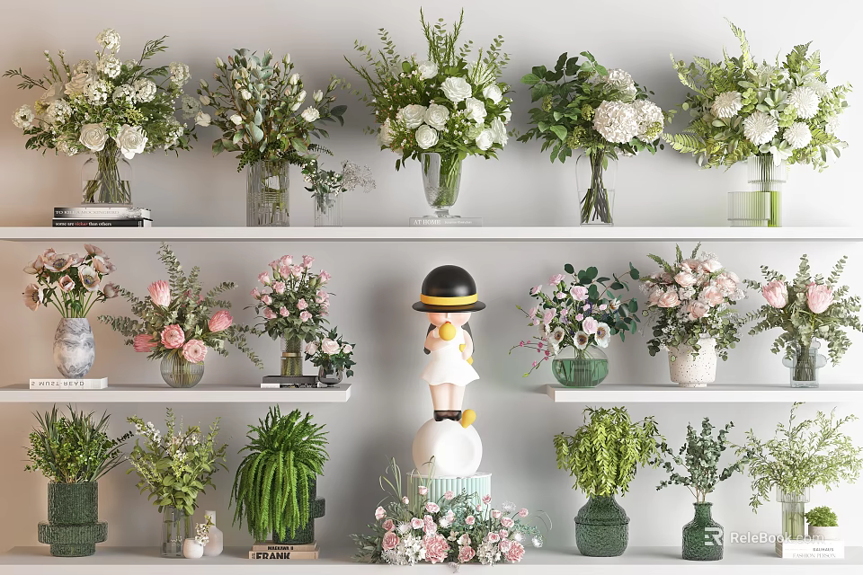 Various Vases With Colorful Flowers And Green Plants Home Decor 3d model 