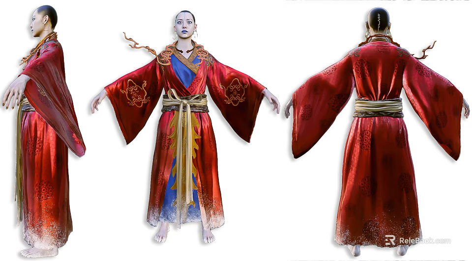 Female Character Design With Red Traditional Robe And Golden Dragon Patterns On Front Back Views 3d model 