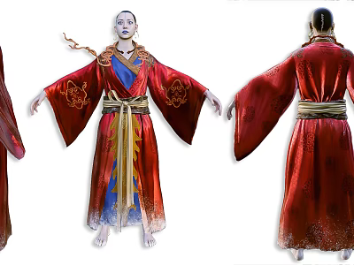 Female Character Design With Red Traditional Robe And Golden Dragon Patterns On Front Back Views 3d model