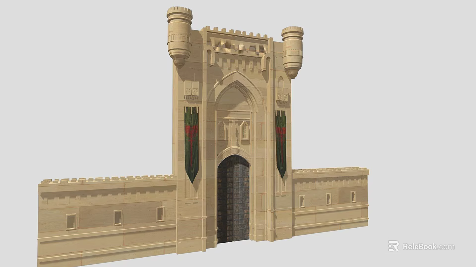 Castle Style Entrance Gate With Towers Decorative Carvings And Flags In Beige Stone Wall 3d model 