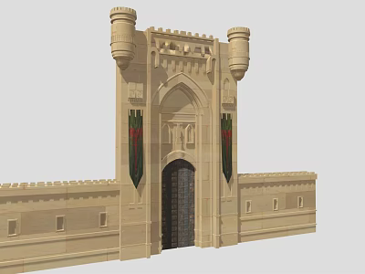 Castle Style Entrance Gate With Towers Decorative Carvings And Flags In Beige Stone Wall 3d model