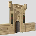 Castle Style Entrance Gate With Towers Decorative Carvings And Flags In Beige Stone Wall