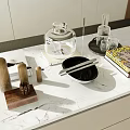 Elegant Decorative Ornament Set with Wooden Pieces Glass Containers and Black Bowl on Marble Countertop