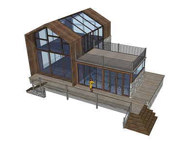 Modern Guesthouse Building With Large Glass Windows Wooden Structure Deck Railing And Wooden Steps 3d model