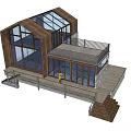Modern Guesthouse Building With Large Glass Windows Wooden Structure Deck Railing And Wooden Steps