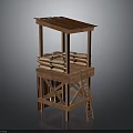 Wooden Watchtower Structure With Brown Roof Stacked Sandbags And Ladder