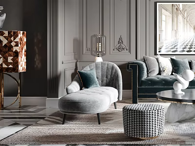 Elegant Modern Living Room With Grey Walls Decorative Panels Velvet Armchair And Woven Ottoman 3d model