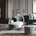 Elegant Modern Living Room With Grey Walls Decorative Panels Velvet Armchair And Woven Ottoman