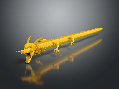 Yellow Long Dragon Figure With Detailed Head And Claws On Black Background With Reflection 3d model