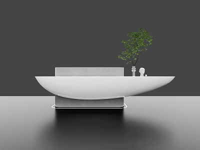 Modern Reception Desk With Boat Shaped Design White Smooth Countertop And Green Plant Decorations 3d model