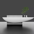 Modern Reception Desk With Boat Shaped Design White Smooth Countertop And Green Plant Decorations